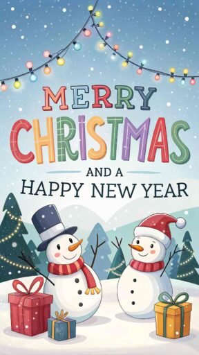 A joyful pic of merry christmas and a happy new year with vibrant, bold text and playful snowmen on a festive background.