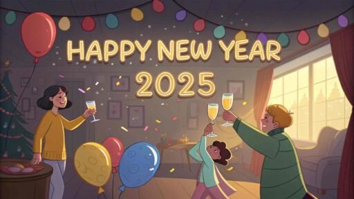 A lively "happy new years eve 2025 image" showing a party scene with bold "HAPPY NEW YEAR 2025" text and festive decorations.