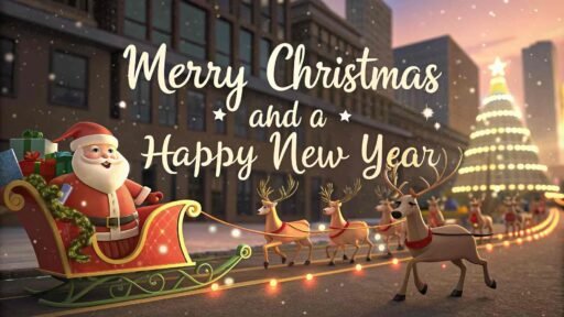 A picture of merry christmas and happy new year featuring a lively parade. "Merry Christmas and A Happy New Year" is prominently displayed.