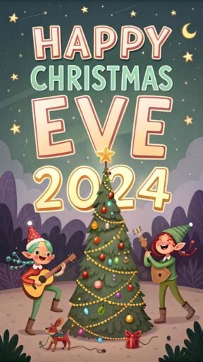 Dancing elves with glowing colorful "Happy Christmas Eve 2024" text above.