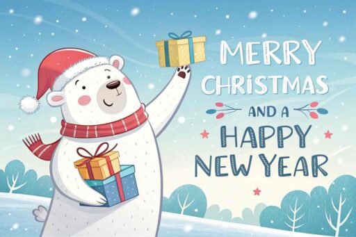 A picture of merry christmas and happy new year featuring a polar bear. "Merry Christmas and A Happy New Year" is written in big letters.