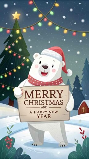 A fun pic of merry christmas and a happy new year featuring a playful polar bear and bold holiday greetings.