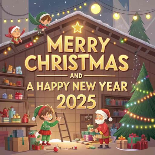 A whimsical "merry christmas and happy new year 2025 image" inside Santa's workshop with glowing festive text.