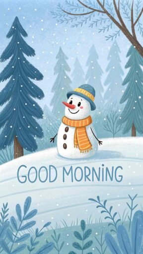 This vibrant good morning winter image captures a playful snowman in a serene winter setting.