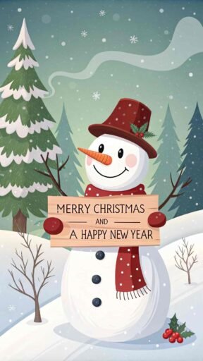 A playful pic of merry christmas and a happy new year with a snowman holding bold, festive greetings.