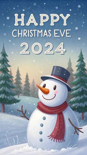 A cheerful snowman under glowing blue text "Happy Christmas Eve 2024" in a snowy field.