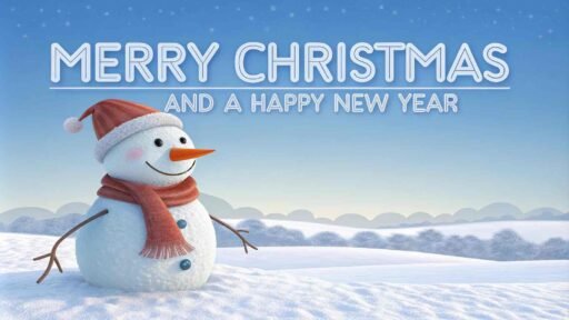 A playful "merry christmas and a happy new year pic" featuring a snowman and frosty blue text in a snowy setting.