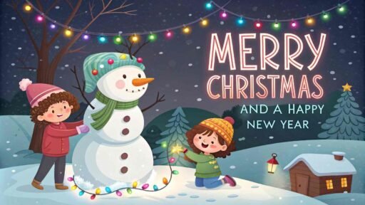 A fun-filled image of Merry Christmas and a Happy New Year with kids making a snowman in a festive winter setting.