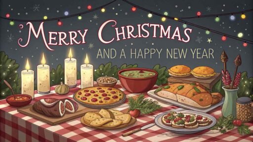 A festive "merry christmas and a happy new year pic" featuring glowing red text over a holiday feast.