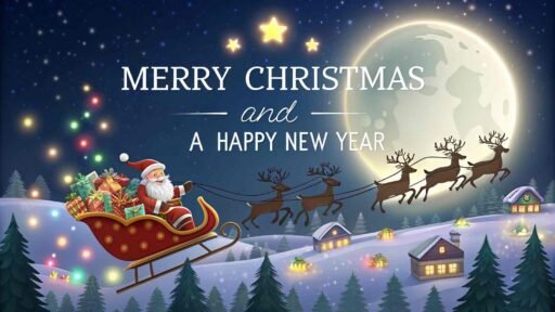 A magical pic of merry christmas and a happy new year showing Santa's sleigh and bold holiday greetings in the night sky.