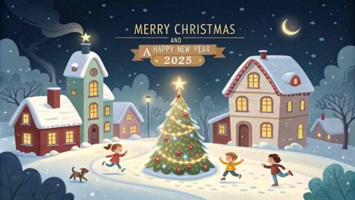 A heartwarming "merry christmas and happy new year 2025 image" with a village theme and glowing text.