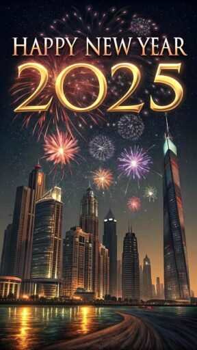 A "happy new year 2025 pic" with a vibrant city skyline and bold glowing text.