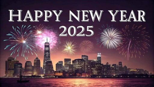 A cityscape-themed happy new year 2025 free image with clear, prominent text.