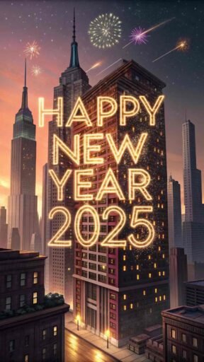 A dazzling "happy new years eve 2025 image" showcasing a city skyline with big, glowing "HAPPY NEW YEAR 2025" text.