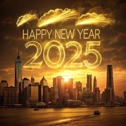 A stunning "happy new years eve 2025 image" featuring a golden skyline and bold "HAPPY NEW YEAR 2025" text glowing in the sky.
