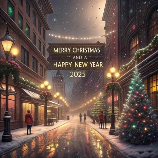 A vibrant "merry christmas and happy new year 2025 image" with holiday lights and glowing festive text.