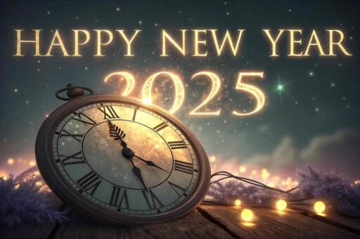 A classic "happy new years eve 2025 image" featuring a glowing clock and big "HAPPY NEW YEAR 2025" text at midnight.