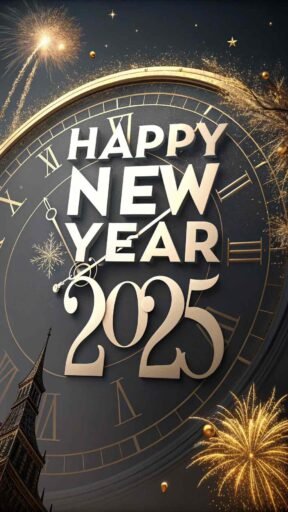 Mark the moment with this timeless "happy new year 2025 image for free," featuring a clock and bold celebratory text.