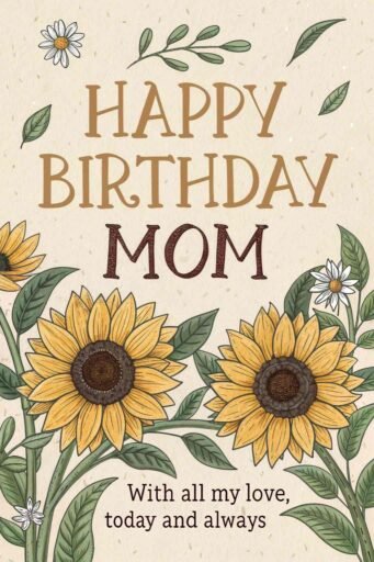 A timeless and classic happy birthday mom image with sunflowers that captures the simplicity and beauty of a heartfelt birthday wish.