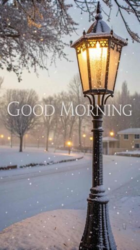 A cozy good morning winter image featuring a frosted lamp post.