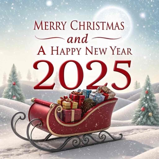 A festive "merry christmas and happy new year 2025 image" with a sleigh and glowing festive text.