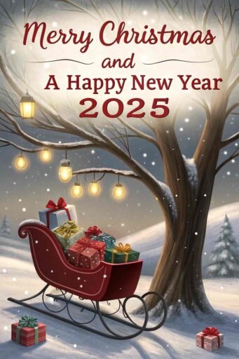 A cheerful "merry christmas and happy new year 2025 image" with a sleigh and festive glowing text.