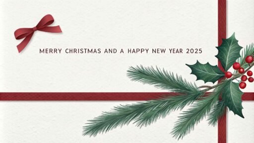 A minimalist "merry christmas and happy new year 2025 image" with simple designs and bold red text.