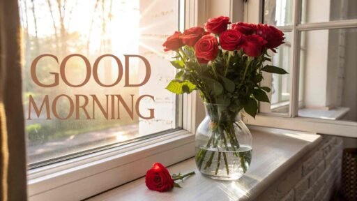 A charming good morning image for love, with a vase filled with red roses placed on a windowsill with morning sunlight streaming in.