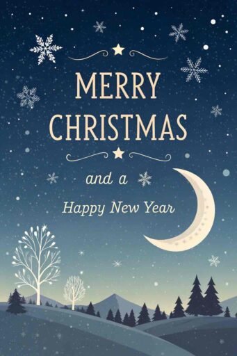 A serene merry christmas and a happy new year image featuring a starry night sky with "Merry Christmas and A Happy New Year" glowing brightly.