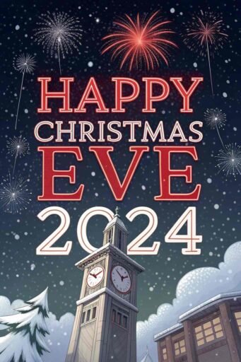 A snowy clock tower under glowing red and white "Happy Christmas Eve 2024" fireworks.