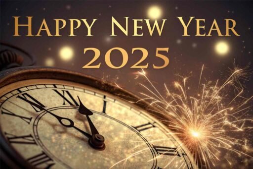 A clock-and-sparkle-themed happy new year 2025 free image with bold, festive text.