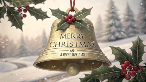 A festive merry christmas and a happy new year image of a Christmas bell with the words "Merry Christmas and A Happy New Year" displayed prominently.