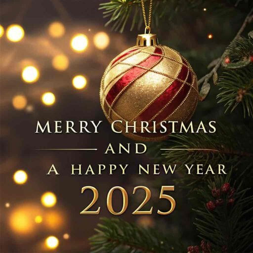 A glittery "merry christmas and happy new year 2025 image" with ornaments and glowing text.