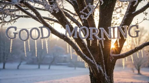 An elegant good morning winter image of a tree adorned with icy splendor.