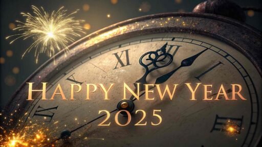 Picture of happy new year 2025 with a vintage clock and bold, glowing text.