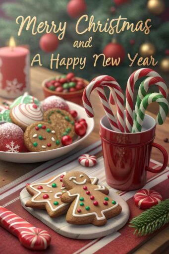 A sweet image of Merry Christmas and a Happy New Year featuring candy canes and holiday treats in a festive setting.