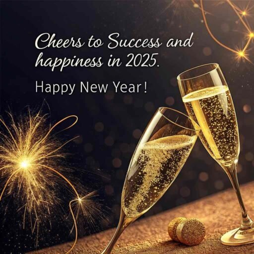 A happy new year 2025 wish image with quote showcasing a festive champagne toast and a celebratory message.