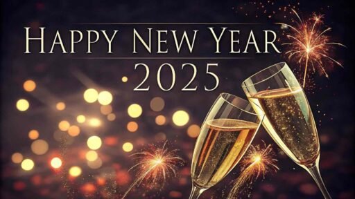 A classy "happy new years eve 2025 image" featuring a champagne toast and bold "HAPPY NEW YEAR 2025" text in a celebratory theme.