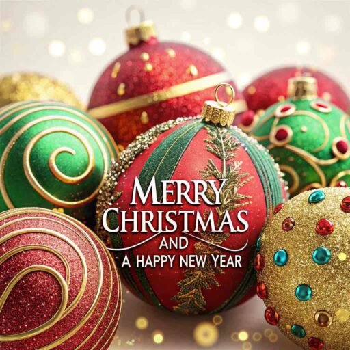 A picture of merry christmas and happy new year with colorful ornaments. "Merry Christmas and A Happy New Year" is written in big, clear font.