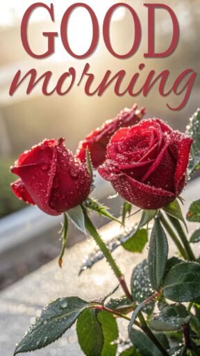 A fresh good morning image for love, showing dewdrops glistening on a bouquet of red roses under soft sunlight.