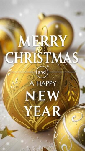 An elegant "merry christmas and a happy new year pic" with bold white text over golden baubles and festive decorations.