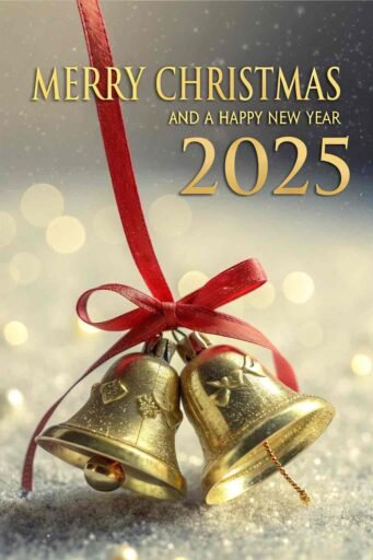 A festive "merry christmas and happy new year 2025 image" with jingle bells and bold golden text.