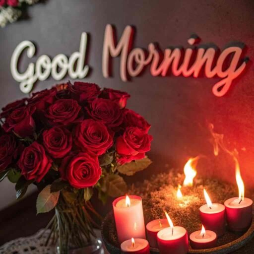A sexy good morning image for love, featuring a bouquet of red roses encircled by flickering candlelight.