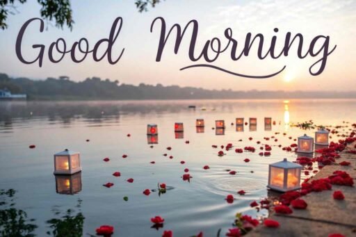 A magical good morning image for love, with floating lanterns and red roses on a calm lake under the morning sky.