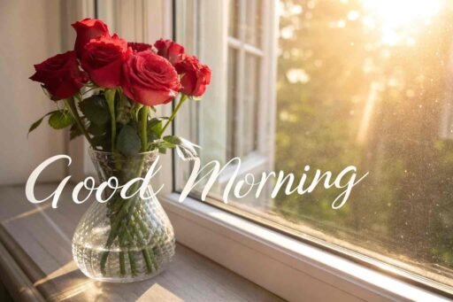 A charming good morning image for love, with a vase filled with red roses placed on a windowsill with morning sunlight streaming in.