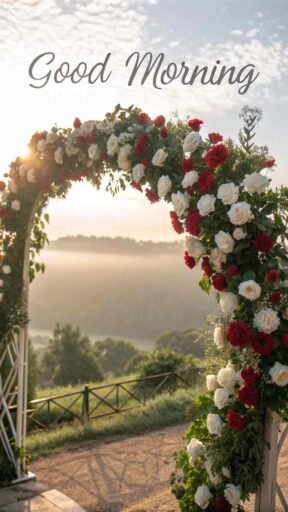A magical good morning image for love, showing a floral arch made of red and white roses against a glowing sunrise.