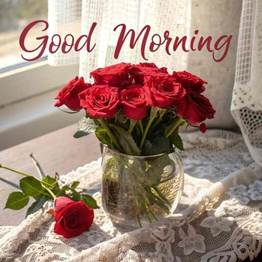 A charming good morning image for love, with a vase filled with red roses placed on a windowsill with morning sunlight streaming in.