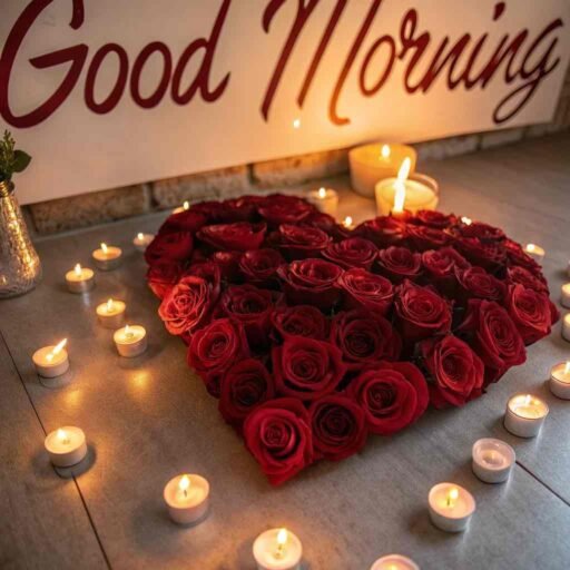 A sexy good morning image for love, showcasing a heart of red roses surrounded by soft candlelight and glowing reflections.