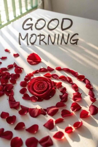 A captivating good morning image for love, featuring a spiral of red rose petals on a soft white surface illuminated by morning light.