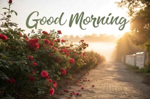 A scenic good morning image for love, with a pathway lined with red roses leading into a soft sunrise glow.